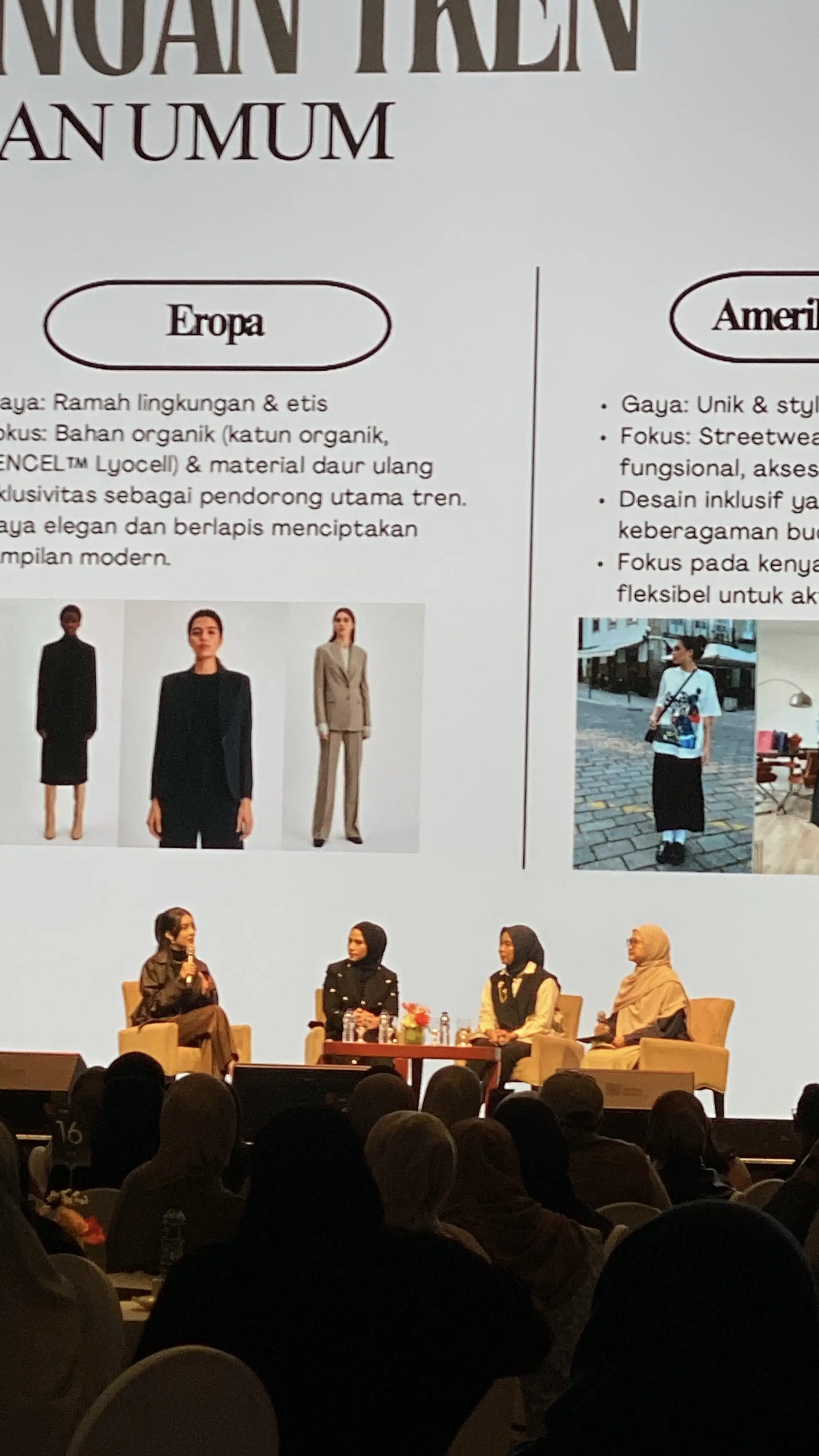 Jakarta Modest Summit 2026 panel slide comparing modest fashion trends across Europe and the US